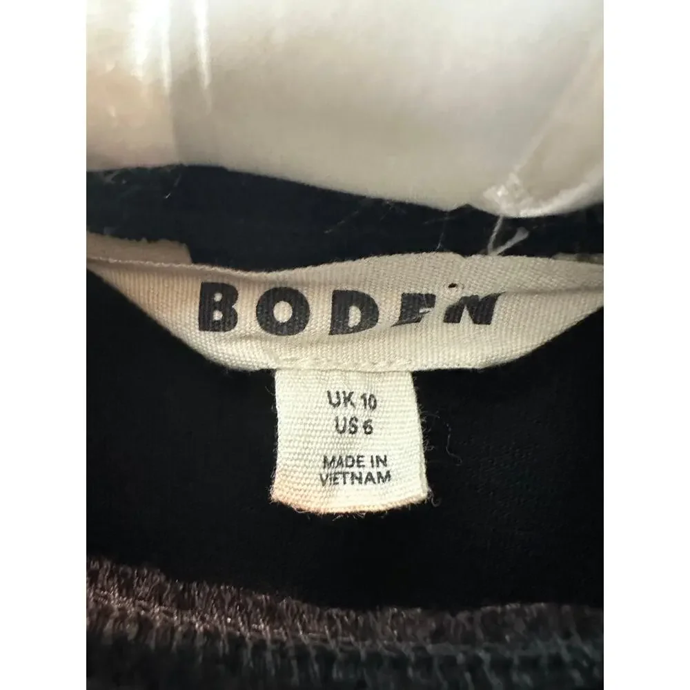 BODEN Tia Smocked Neck Jersey Top Black Embroidered Mock Neck Classic Size 6